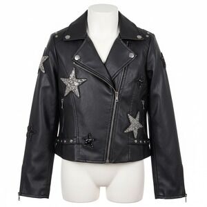 Hannah Banana Girls Size 7 Black Moto Jacket Glitter Stars Studded Rocker Biker